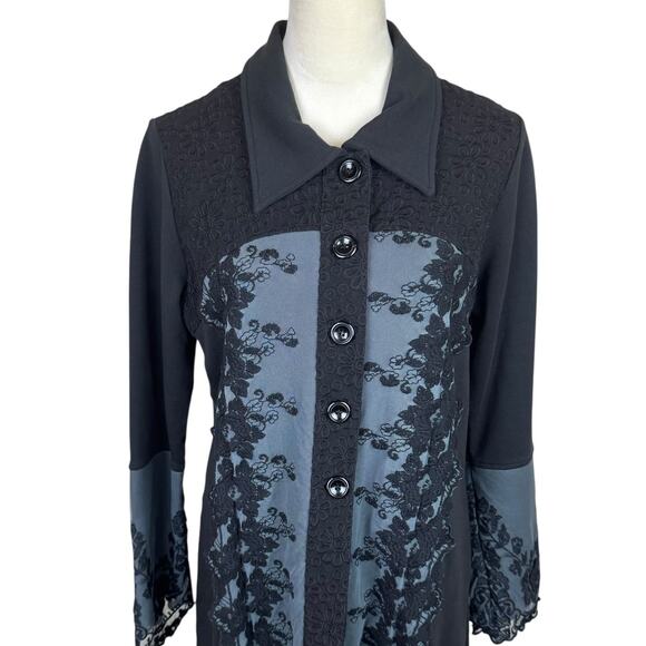 Gretty Zueger Black Ponte Knit Button Front Embroidered Lace Coatigan Jacket - Picture 4 of 11